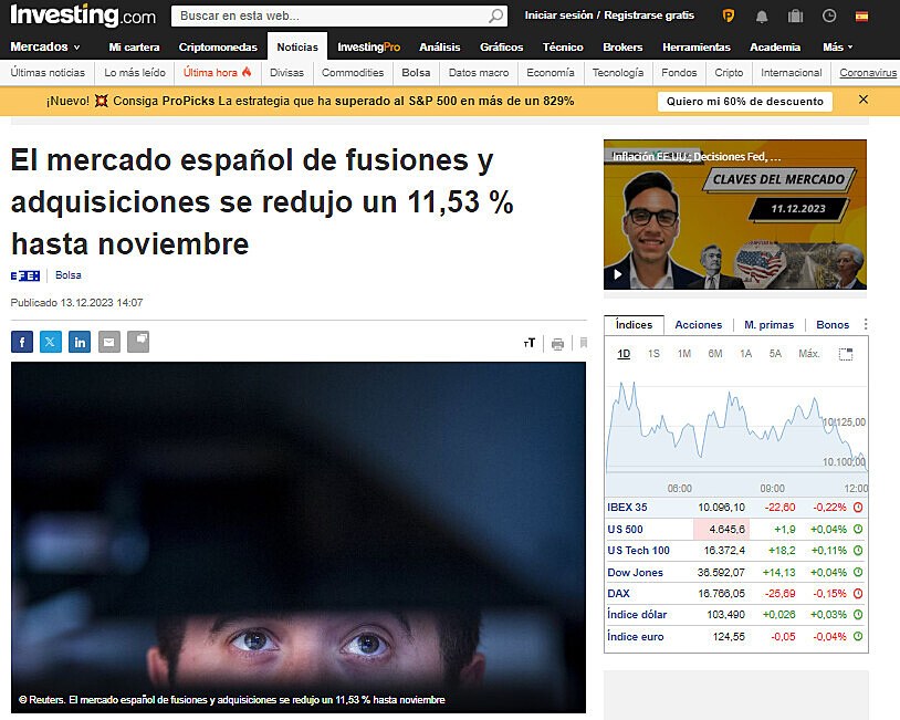 El mercado espaol de fusiones y adquisiciones se redujo un 11,53 % hasta noviembre